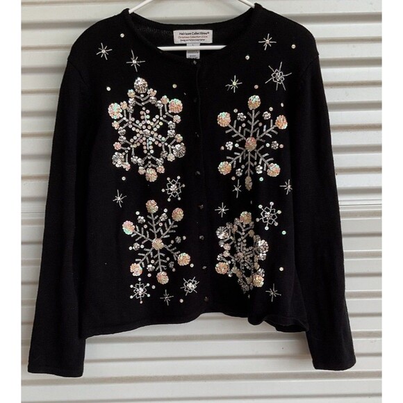 Heirloom Sweaters - Heirloom Collectibles Women's Cardigan Sweater 2004 Size L Black Snowflake